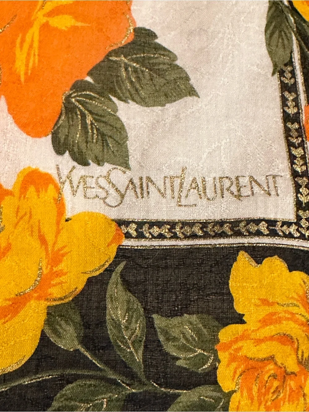 Yves Saint Laurent Floral Cotton Square Scarf Orange Yellow Roses 19” - Picture 2 of 7